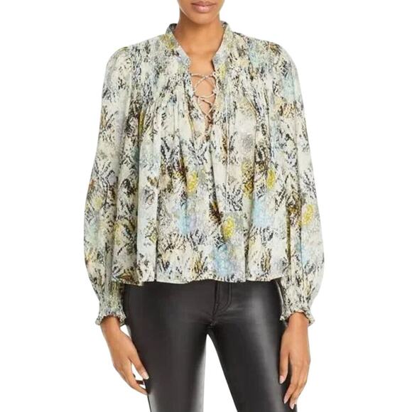 IRO BLUE  SMOCK PLEATED PRINTED LING SLEEVE BLOUSE SIZE 36 P2P 23’ - Picture 1 of 3